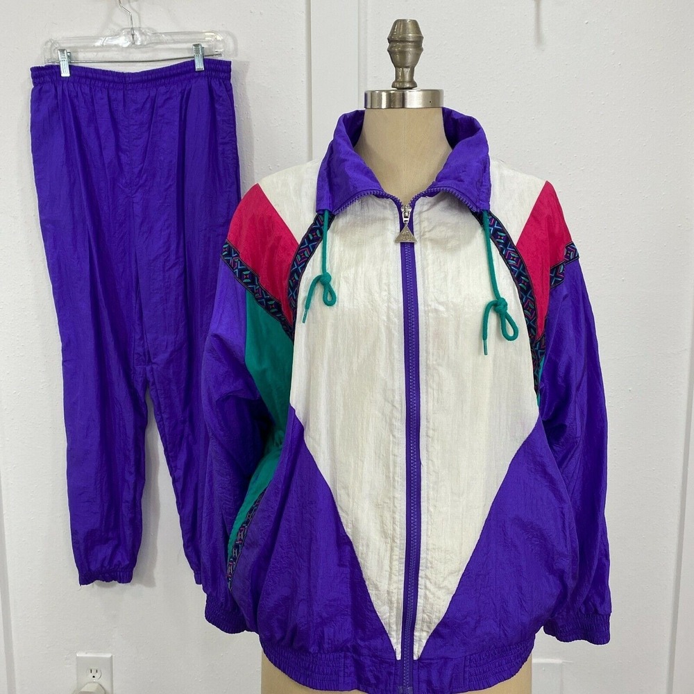 Casual Isle Tracksuit Womens S Purple Colorblock Vintage 90s Windbreaker Set